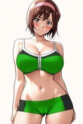 1girl ai-created ai_generated ass_visible_through_thighs bare_arms bare_shoulders blush breasts brown_eyes brown_hair cameltoe cleavage closed_mouth collarbone contrapposto devilman female female_only green_shorts green_tank_top groin hairband large_breasts looking_at_viewer midriff miki_makimura navel pink_hairband pixiv rena_aikawa_(pixiv_user) short_hair short_shorts shorts simple_background smile solo sports_bra sportswear stable_diffusion standing stomach thighs white_background
