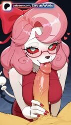 1boy 1girls 2026 ai_generated artist_name bare_shoulders blowjob blowjob_face blush bow breasts bust chest cock colored_skin dick electroworld fellatio female glasses half-closed_eyes heart helluva_boss hi_res high_quality high_resolution highres licking nose_blush oral_sex patreon patreon_username penis pink_hair pov saliva solo_focus stable_diffusion straight sucking tail tongue uncensored vikki_(helluva_boss) watermark