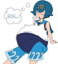 aged_up aged_up_character blue_eyes blue_hair blue_hair_female fetlocks kicking_(pregnancy) lana_(pokemon) pokemon pokemon_sm pregnant pregnant_belly pregnant_female pregnant_with_multiples small_breasts solo solo_female solo_focus text text_bubble trial_captain trial_captain_lana wholesome_pregnancy