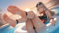 ai_generated alexandrina_sebastiane bare_shoulders barefoot black_bikini black_nails breasts cleavage clothing_cutout erosaga eyewear_on_head feet female foot_focus hair_between_eyes inflatable_toy innertube large_breasts legs_up long_hair looking_at_viewer low-tied_long_hair nail_polish ocean one-piece_swimsuit palm_tree red_eyes silver_hair smile soles soles_fetish solo splashing sunglasses swimsuit toes water wet wristband zzz