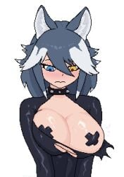 animal_ear_fluff animal_ears black_bodysuit blue_eyes blush bodysuit breasts breasts_squeezed_together cleavage closed_mouth collar collarbone colored_tips cross cross_pasties dot_nose expressionless female flying_sweatdrops grey_hair grey_wolf_(kemono_friends) hair_between_eyes hair_over_one_eye heterochromia kemono_friends large_breasts latex latex_bodysuit long_hair looking_down messy_hair multicolored_hair nevtelen nose_blush one_breast_out pasties pixel_art shiny_skin simple_background solo spiked_collar spikes sweat sweatdrop torn_bodysuit torn_clothes twitter_username two-tone_hair upper_body wardrobe_malfunction watermark white_background white_hair wolf_ears wolf_girl yellow_eyes