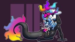 4_arms absurd_res animal_genitalia anthro antlers avali big_dom_small_sub black_body blue_body blue_fur bodily_fluids colored_fire creo_nguyen cum cum_from_mouth cum_in_mouth cum_inside dominant dragon duo female fire flaming_head flaming_tail fur genital_fluids genital_slit genitals gradient_penis halfpricesouls halo hi_res holding_another horn irrumatio kaydelas male male/female markings multi_arm multi_limb mythological_creature mythological_scalie mythology one_eye_closed oral orange_markings orange_penis penile penis penis_in_mouth purple_penis scalie sex size_difference tail tapering_penis throat_swabbing unknown_species white_body white_fur