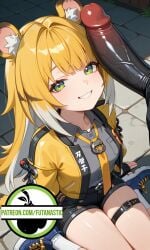 ai_generated big_penis blonde_hair cat_ears evil_grin evil_smile fingerless_gloves green_eyes huge_cock jacket ju_fufu_(zenless_zone_zero) on_knees penis_on_face petite petite_body petite_female shoes size_queen socks thigh_strap thighs thiren zenless_zone_zero