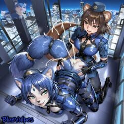 ai_generated anthro bluevulpes clothed cum duel_monster fucked_from_behind furry furry_female futanari hand_on_ass k9_-_#17_izuna krystal krystal_(star_fox) on_knees police_uniform star_fox sweat yu-gi-oh!