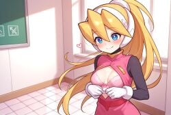 ai_generated bathroom blonde_hair blue_eyes bra ciel ciel_(mega_man) cute cute_girl female girl lingerie medium_breasts mega_man_x_dive mega_man_zero open_clothes pink_bra pink_skirt pink_vest sex sexy sexy_pose skirt undressing vest