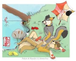 anal anal_licking animal_genitalia animal_penis anthro aroused balls canid canine canine_genitalia canine_penis canis cattails clothing cutaway dingo discarded_clothing duo erection facesitting fennec_(artist) fox genitals grass hersheys_kisses kissing licking licking_another lying male male/male mammal on_grass on_ground oral outside pakyto pawpads paws penis plant repofox rimming sex sitting_on_another surprised tail tongue tree