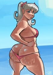 beach bikini fat_ass hand_on_hip original original_character small_breasts solo sweaty sweaty_ass tako_(zestysauce) thick_thighs twintails white_hair zestysauce