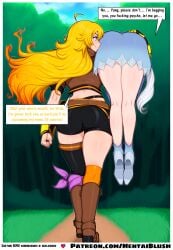 2girls ai_generated ass ass_focus back_view begging big_ass blonde_hair blue_eyes blush brown_hair carried carried_over_shoulder commission dialogue domination english_text female femdom femsub forest futa_on_female futanari gloves green_background hentblush huge_ass insult kidnapping long_hair muscular muscular_female nsfw outdoors ponytail purple_eyes rwby speech_bubble standing thick_thighs thigh_boots thighhighs threat tree weiss_schnee wide_hips yang_xiao_long yelling yellow_hair