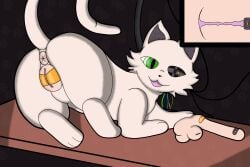 ambiguous_gender andromorph animatronic balls brown_background camera domestic_cat felid feline felis female feral fur furniture genitals golden_pussy green_eyes hi_res intersex lying machine male mammal nude open_mouth passey_voppy penis robot simple_background solo standing table tail tan_body tan_fur vulva wire