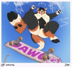 anthro barbell_piercing black_body black_fur black_pawpads bovid bovine broken_horn brown_body brown_fur canid canine canis cattle closed_eyes curved_horn dewclaw_hooves domestic_dog facial_piercing fangs fur hi_res hooves horn hybrid low-angle_view male mammal nipple_barbell nipple_piercing nipples nose_piercing nose_ring nude open_mouth open_smile pawpads paws piercing ring_piercing roseonapot skateboard slightly_chubby slightly_chubby_anthro slightly_chubby_male smile teeth tongue tongue_out vehicle white_body white_fur