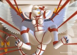 absurd_res anthro armor arms_tied aydaharart blonde_hair blue_body blue_eyes blue_scales bondage bound breasts claws dragon duel_monster feathered_wings feathers female genitals hair hands_behind_head hi_res legs_tied mythological_creature mythological_scalie mythology nipples nude nude_anthro restraints rope rope_bondage rope_harness saffira_queen_of_dragons scales scalie simple_background solo spread_legs spreading tail vulva wings yu-gi-oh!