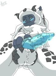 absol animal_genitalia anthro ball_armor balls blush canine_genitalia female fluffy generation_3_pokemon genitals gynomorph hair holding_penis horn intersex knot knotted_penis long_hair nintendo penis pokemon pokemon_(species) pov_penis_closeup presenting scales solo translucent tsunderace