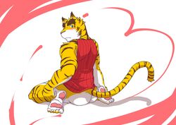 anthro ass blush bottomless clothed clothing colored feline looking_at_viewer male male_only mammal morenatsu muscular rear_view rotton99 simple_background solo tiger torahiko_(morenatsu)