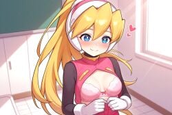 ai_generated bathroom blonde_hair blue_eyes bra ciel ciel_(mega_man) cute cute_girl female girl lingerie medium_breasts mega_man_x_dive mega_man_zero open_clothes pink_bra pink_skirt pink_vest sex sexy sexy_pose skirt undressing vest