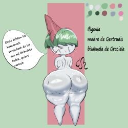 absurd_res anthro ass big_butt eddiebrije elderly elderly_female fan_character female gardevoir generation_3_pokemon genitals hi_res huge_butt ifigenia looking_at_viewer mature_anthro mature_female nintendo not_furry nude pokemon pokemon_(species) ralts simple_background solo vulva white_body wide_hips