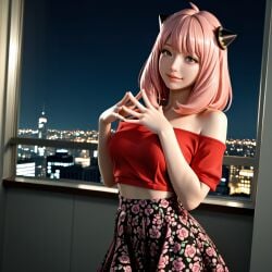 ai_generated anya_forger spy_x_family pink_hair off_shoulder off_shoulder_shirt skirt layered_skirt