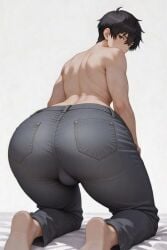1boy ai_generated ass ass_focus big_ass big_butt black_hair dat_ass fat_ass femboy feminine_male gray_bottomwear grok huge_ass huge_butt jeans looking_at_viewer male male_focus male_only masculine oc on_knees original_character richard_yang thick_thighs