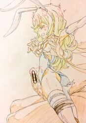 1boy animal_ears bare_shoulders blush bondage bound breasts breasts_out clenched_teeth clothed_female_nude_male commentary_request elbow_gloves erection fake_animal_ears female gloves green_eyes green_hair highleg highleg_leotard highres leotard long_hair nipple_stimulation nipple_tweak nipples nude original penis playboy_bunny rabbit_ears sharekoube small_breasts straight teeth thighhighs traditional_media white_gloves white_leotard white_thighhighs