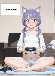 ai_assisted amazed baggy_shirt bangs blue_eyes blue_panties blush cameltoe cat_ears cat_girl cat_tail dialogue_box front_view hair_ornament living_room long_hair lotus_position nekomimi open_mouth panties_only petite petite_body petite_female playing_videogame purple_hair ribbon_panties scared showing_belly sifoda sitting_on_floor small_breasts striped_panties thin_female thin_thighs twintails video_game_controller