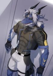 2024 2_horns abs anthro belt big_muscles biped black_belt black_clothing black_jacket black_sclera black_shirt black_topwear blue_body blue_eyes blue_scales bodily_fluids bottomwear bulge clothing cyanusowo detailed_bulge dragon erection fingerless_gloves genitals gloves hair handwear hi_res horn humanoid_genitalia humanoid_penis jacket looking_at_viewer male muscular muscular_anthro muscular_male mythological_creature mythological_scalie mythology pecs penis scales scalie shirt shorts skin_fang skin_fangs solo sweat sweatdrop tight_clothing topwear white_body white_bottomwear white_clothing white_hair white_scales white_shorts