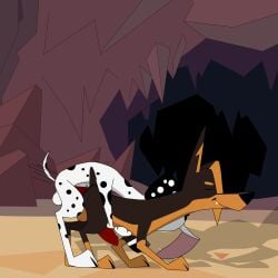 101_dalmatian_street 101_dalmatians 1:1 absurd_res canid canine canis dalmatian disney dobermann domestic_dog duo dylan_(101_dalmatians) feral hi_res male male/male mammal pinscher spike_(101_dalmatians) xcharemain