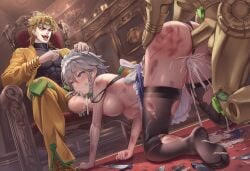 1girls 2boys ai_generated all_fours anal anal_sex anus balls big_balls breasts bruise clothing_aside crossover cum cum_in_mouth cum_in_pussy cum_inside cum_overflow cumdrip defeated dio_brando eyes_rolling_back female fucked_silly injury jojo's_bizarre_adventure large_insertion large_penis large_testicles laughing maid maid_headdress maid_uniform male muscular muscular_male nipples nokani oral oral_penetration oral_sex penis pussy rape sakuya_izayoi self_upload small_breasts spanked spanked_butt spitroast stand_(jjba) straight straight_sex tearing_up testicles the_world torn_clothes touhou upturned_eyes