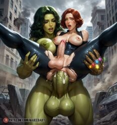 ahe_gao ai_generated anal anal_sex balls black_bodysuit black_widow_(marvel) city cum cum_drip debris destruction erection eyes_rolling_back futa_on_futa futa_sans_pussy futanari green_hair green_skin huge_cock infinity_gauntlet intersex large_breasts large_penis latex_bodysuit lifted long_hair marvel marvel_comics muscular muscular_futa naikedart natasha_romanoff nipples outdoors penis red_hair sex she-hulk short_hair smoke stable_diffusion torn_clothes