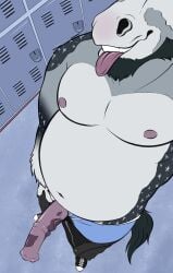 2025 absurd_res animal_genitalia animal_penis anthro beard black_hair bottomwear clothed clothing clydesdale draft_horse equid equine equine_genitalia equine_penis erection facial_hair fur genitals grey_body grey_fur hair hi_res holding_penis horse labradorszn locker_room male male_anthro mammal medial_ring mottled mottled_genitalia mottled_penis nipples nonbinary_(lore) open_bottomwear open_clothing open_pants overweight overweight_anthro overweight_male pants penis pink_penis selfie smile solo standing teeth tongue tongue_out topless topless_anthro topless_male underwear