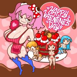 4girls bikini blinky_(pac-man) blue_hair cake clyde_(pac-man) glasses glasses_on_head inky_(pac-man) minus8 naked_apron pac-man_(series) pink_hair pinky_(pac-man) red_hair valentine's_day yellow_hair