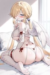 1girl angel ass at_back bare bed bed_sheet behind blonde_hair blue_eyes blush bow breasts closed_mouth destroyer detached_sleeves eye feathered_wings feet finger_from_froze funamusea garter_hair huge_breasts index_finger indoors large_breasts long_hair looking_at_viewer low_twintails mouth no_shoes on_bed one_eye_closed ornament over_shoulder panties pillow raised_legs ribbed_sweater sheet shoulders sitting sleeveless sleeveless_sweater smile soles solo strap straps sweater the_gray_garden thigh_gap thighhighs thighs thong to_toes turtleneck turtleneck_sweater twintails underboob underwear very_long_hair viewer virgin_killer_sweater wariza white_wings