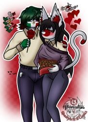 black_hair cat_ears cat_tail catgirl countryhumans countryhumans_girl countryhumans_latam flirting ghostyartz&comics(artist) green_hair japan_(countryhumans) mexico_(countryhumans) valentine's_daymexipan white_body