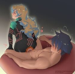 1boy 1girls ass back_view behind_view blonde_hair blue_hair blush canon_couple chocorutt closed_eyes clothed_female_nude_male clothed_sex ear_ring gradient_hair heart long_hair looking_back motion_lines nia_teppelin on_back penis pussy simon_(tengen_toppa_gurren_lagann) sweatdrop tengen_toppa_gurren_lagann tremble_spikes vaginal_penetration vaginal_sex wholesome wholesome_sex