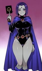 ai_generated ass big_ass big_breasts big_butt cape curvy dc dc_comics female female_focus goth goth_girl leotard middle_finger raven_(dc) rcos sexy solo solo_female solo_focus