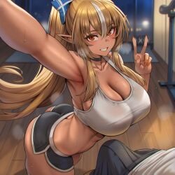 1boy 1boy1girl 1girls 2026 abs absurd_res ai_generated ass before_sex black_shorts blonde_hair breasts brown_eyes bulge dark-skinned_female dark_skin elf_ears enmaai female gym hair_ribbon highres hololive hololive_japan large_ass large_breasts long_hair male multicolored_hair outstretched_arms peace_sign self_upload selfie shiranui_flare sweat thick_thighs white_hair white_shirt