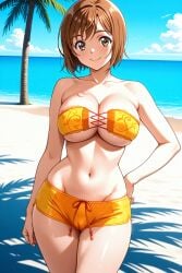 1girl ai-created ai_generated bare_arms bare_shoulders beach bikini bikini_shorts blue_sky blush breasts brown_eyes brown_hair cameltoe cleavage closed_mouth cloud collarbone cowboy_shot day devilman eyepatch_bikini female groin hand_on_own_hip horizon large_breasts looking_at_viewer miki_makimura navel ocean orange_bikini orange_shorts orange_swimsuit outdoors palm_tree pixiv rena_aikawa_(pixiv_user) sand shore short_hair short_shorts shorts sky smile solo stable_diffusion standing stomach strapless strapless_bikini swimsuit thighs tree underboob water yellow_shorts