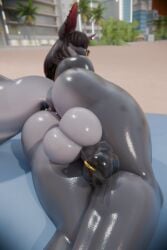 3d_(artwork) anthro anus aquatic ass balls barely_visible_anus beach beach_towel big_balls big_ears black_penis blurred_background bodily_fluids bull_shark carcharhinus cum cum_on_leg cum_on_penis cum_on_self darkened_genitalia darkened_penis digital_media_(artwork) ear_piercing facial_piercing fish genital_fluids genital_focus genital_piercing genitals glistening glistening_body grey_balls grey_body gynomorph hair hair_over_eyes hi_res intersex long_ears long_hair looking_at_viewer looking_back looking_back_at_viewer non-mammal_balls nose_piercing nose_ring outdoor_nudity outside palm_tree penis penis_piercing piercing plant rear_view requiem_shark ring_piercing sand shark shark_tail slugcats smile smiling_at_viewer solo tava_(anyahavok) thick_thighs towel tree wet wet_body wide_hips
