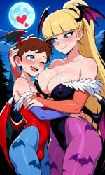 1boy age_difference age_difference_couple ai_generated bat_wings breasts bridal_gauntlets capcom caress couple couple_(romantic) crossdressing cuddling darkstalkers female femdom gravity_falls hand_on_another's_head hug large_breasts leotard lilith_aensland lilith_aensland_(cosplay) looking_at_another looking_at_partner lovey-dovey loving_couple morrigan_aensland morrigan_aensland_(cosplay) mutual_hug pacifica_northwest pantyhose petting pixai romantic romantic_ambiance romantic_couple romantic_night smile tenderness wholesome wholesome_hug wings