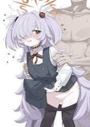 absurdres black_choker blue_archive bow bowtie brown_halo choker clothed_female_nude_male clothes_lift clothes_pull collared_shirt commentary_request cum diagonal-striped_bow diagonal-striped_bowtie diagonal-striped_clothes dress female hair_bobbles hair_ornament halo hands_on_another's_arms heart highres kanoe_(blue_archive) long_hair long_sleeves multicolored_eyes no_panties nude one_eye_covered pantyhose pantyhose_pull pinafore_dress sex sex_from_behind shirt short_twintails simple_background skirt skirt_lift sleeveless sleeveless_dress spoken_heart striped_bow striped_bowtie striped_clothes tama_sakura twintails two-tone_eyes wavy_mouth white_background