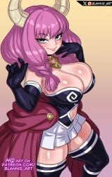 arm_stockings aura_(sousou_no_frieren) belly_window big_breasts blannis_art braided_hair breasts cleavage_overflow curvy_female demon demoness fancy_clothing juicy_lips pink_hair sousou_no_frieren thick_thighs wide_hips