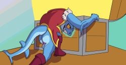 2026 anus aquatic ass backsack balls blue_body boots clothed clothing coat fish footwear genitals hi_res male partially_clothed pink_anus shark sharp_teeth shoes slade_(dungeons_of_aether) solo speence_(artist) tail teeth topwear treasure_chest underbelly x-ray_view