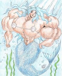 abs biceps blue_hair breasts female grandmasterlucilious hair long_hair mermaid muscles muscular muscular_arms muscular_female pecs
