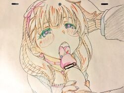 1boy blue_eyes blush breasts brown_hair choker dress earrings erection fellatio female hairband handjob hashtag-only_commentary heart heart-shaped_pupils heart_earrings idolmaster idolmaster_cinderella_girls jewelry licking licking_penis long_sleeves medium_breasts necklace oral penis sakuma_mayu sharekoube short_hair straight symbol-shaped_pupils traditional_media