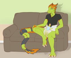 blue_eyes clothing diaper erection green_skin iguana lizard male penis reptile scalie shirt sofa solo urine watersports wet_diaper wetting