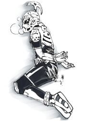 1boy 2017 ankles_bound ankles_tied armor armored_male ass ass_out back black_and_white bodysuit bondage breath_cloud defeated defeated_hero heavy_breathing helmet hiiro_kagami hulhorse injured injured_ass kamen_rider kamen_rider_brave kamen_rider_ex-aid_(series) knight_armor knight_helmet looking_at_viewer lying lying_on_ground lying_on_side male male_focus male_only mask masked masked_male on_ground restrained ripped_bodysuit scarred scarred_body scars scars_on_back scrape scratches sketch solo torn_bodysuit wounded wrists_bound wrists_tied