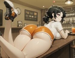 1girls ai_generated ashley_graves ass ass_focus big_ass big_breasts black_hair breasts choker dolphin_shorts goth goth_girl light-skinned_female looking_at_viewer looking_back loratta lying lying_on_stomach on_table pink_eyes shorts sideboob smile sneakers tagme the_coffin_of_andy_and_leyley thick_thighs waitress white_shirt