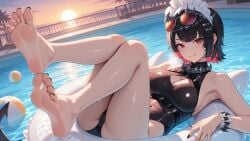 ai_generated bangs bare_shoulders barefoot black_bikini black_hair black_nails black_swimsuit blush breasts cleavage cleavage_cutout clothing_cutout ellen_joe erosaga eyewear_on_head feet female front_zipper_swimsuit goggles goggles_on_head grin innertube large_breasts looking_at_viewer multicolored_hair nail_polish one-piece_swimsuit pool poolside red_eyes red_hair smile soles solo streaked_hair sunglasses swimsuit toenail_polish toenails toes water wet wrist_scrunchie zzz