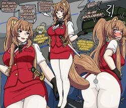 animal_ears animal_tail apoelayoshi7 ass asshole black_gloves breasts brown_eyes brown_eyes_female brown_hair butt butthole buttplug có english_text eyebrows_visible_through_hair female flight_attendant gloves isekai_quartet neck_bow neck_ribbon no_panties pussy raccoon_girl raphtalia sex_toy stewardess tail tanya_degurechaff tate_no_yuusha_no_nariagari text the_rising_of_the_shield_hero thick_thighs thighs vagina woman youjo_senki