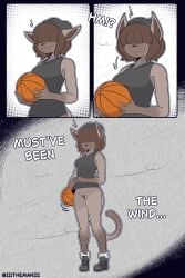 2026 2:3 absurd_res anthro ball basketball_(ball) bottomless breasts brown_body brown_fur clothed clothing digital_media_(artwork) english_text felid feline female fur genitals hair hair_over_eyes hat headgear headwear hi_res mammal may_(the_man) smile solo standing text the_man vulva