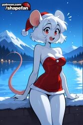 2026 :d absurd_res absurdres ai-created ai-generated ai_art ai_generated animal_ears artist_name athletic_female bangs bare_shoulders blush breasts buck_teeth bust chest christmas cleavage colored_skin covered_navel dress female fit_female fur-trimmed_dress fur_trim furry furry_female hat hi_res high_quality high_resolution lake looking_at_viewer mayu_(shapefan) medium_breasts mountain mouse_ears mouse_girl mouse_tail night open_mouth original original_character outdoors patreon patreon_username red_dress red_eyes red_headwear santa_costume santa_dress santa_hat shapefan short_dress short_hair sky smile snow snowing solo stable_diffusion strapless strapless_dress tagme tail teeth uncensored upper_teeth_only water white_hair