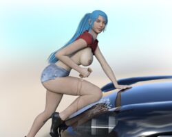 3d blackknight23 blue_hair booty_shorts car car_wash clestia dripping exposed hazel_eyes high_heels jean_shorts large_ass large_breast nipples pale_skin red_shirt reflection soap washing water